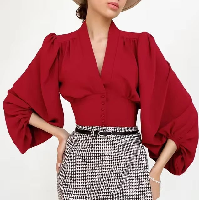 Elegant Chic Top V Neck Lantern Sleeve Button Vintage Blouse Mssza
