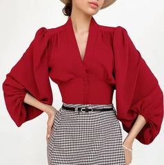 Elegant Chic Top V Neck Lantern Sleeve Button Vintage Blouse Mssza