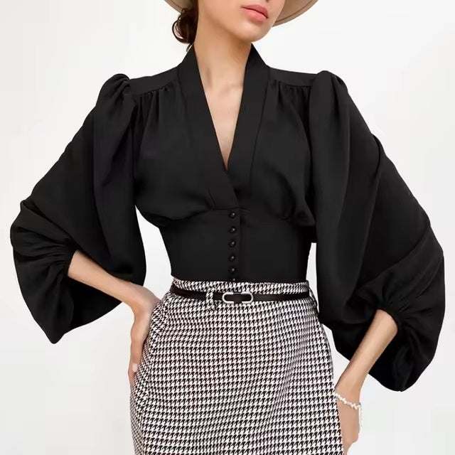 Elegant Chic Top V Neck Lantern Sleeve Button Vintage Blouse Mssza