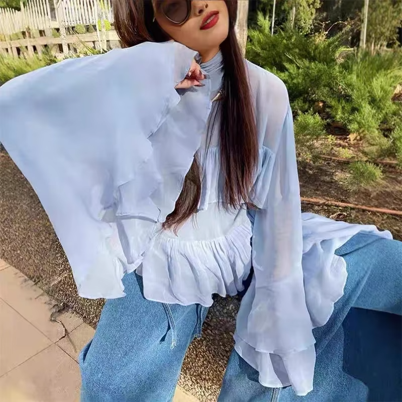 Elegant Chiffon Ruffle Shirts Oversize Long Flare Sleeve O-neck Loose T-shirt Mssza
