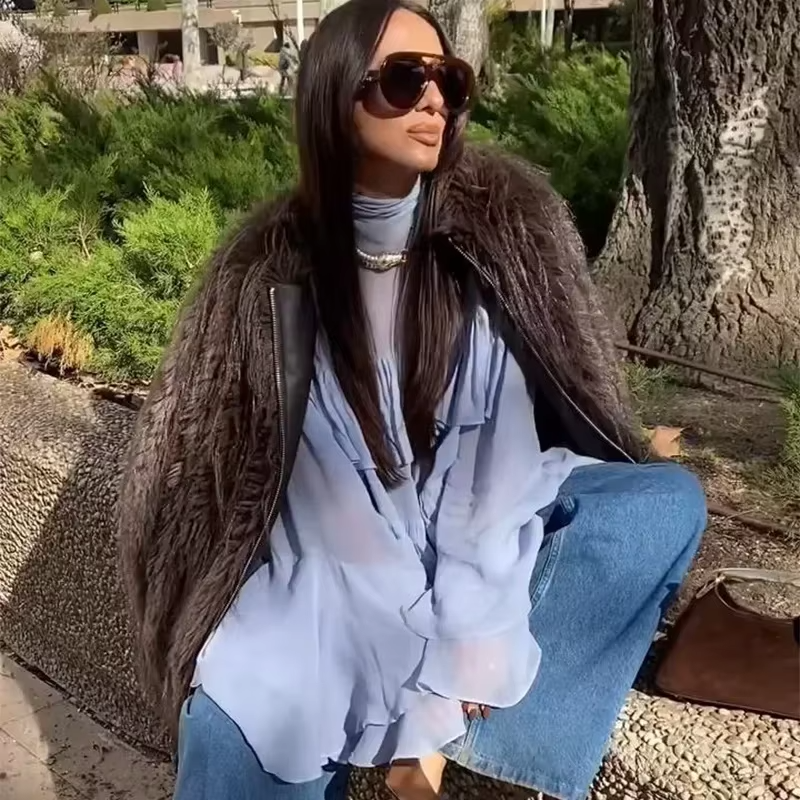 Elegant Chiffon Ruffle Shirts Oversize Long Flare Sleeve O-neck Loose T-shirt Mssza