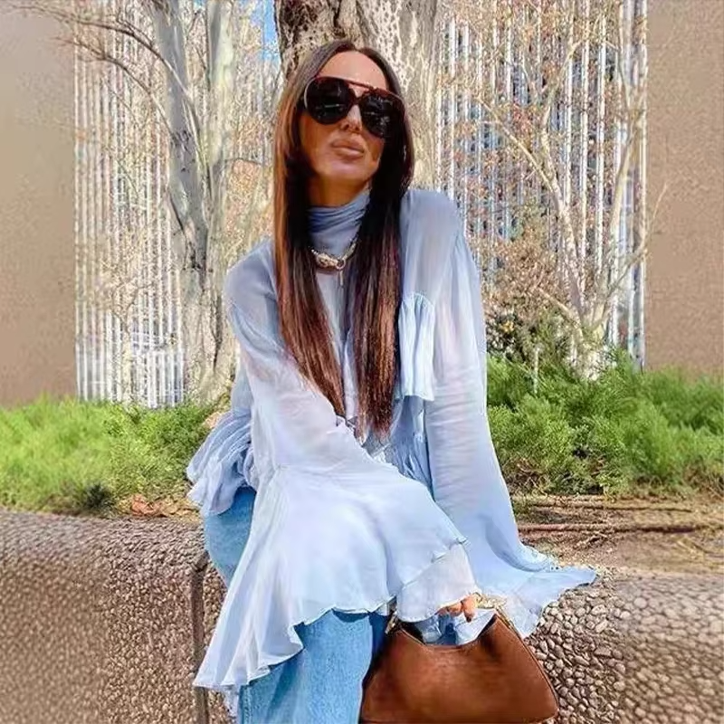 Elegant Chiffon Ruffle Shirts Oversize Long Flare Sleeve O-neck Loose T-shirt Mssza