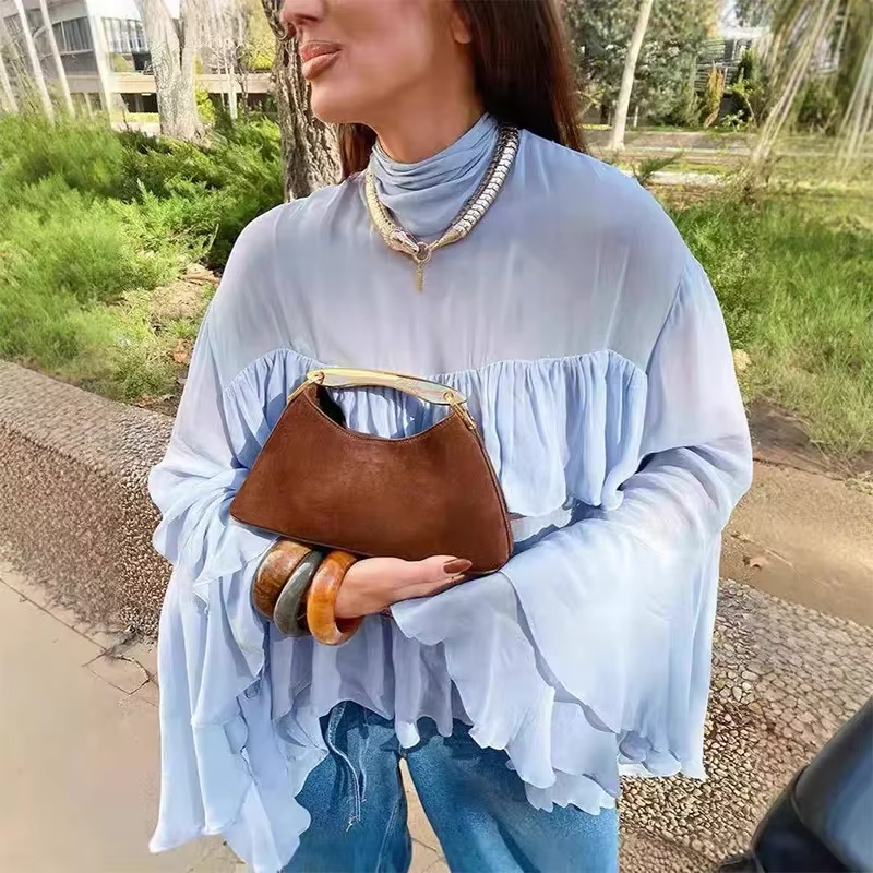 Elegant Chiffon Ruffle Shirts Oversize Long Flare Sleeve O-neck Loose T-shirt Mssza