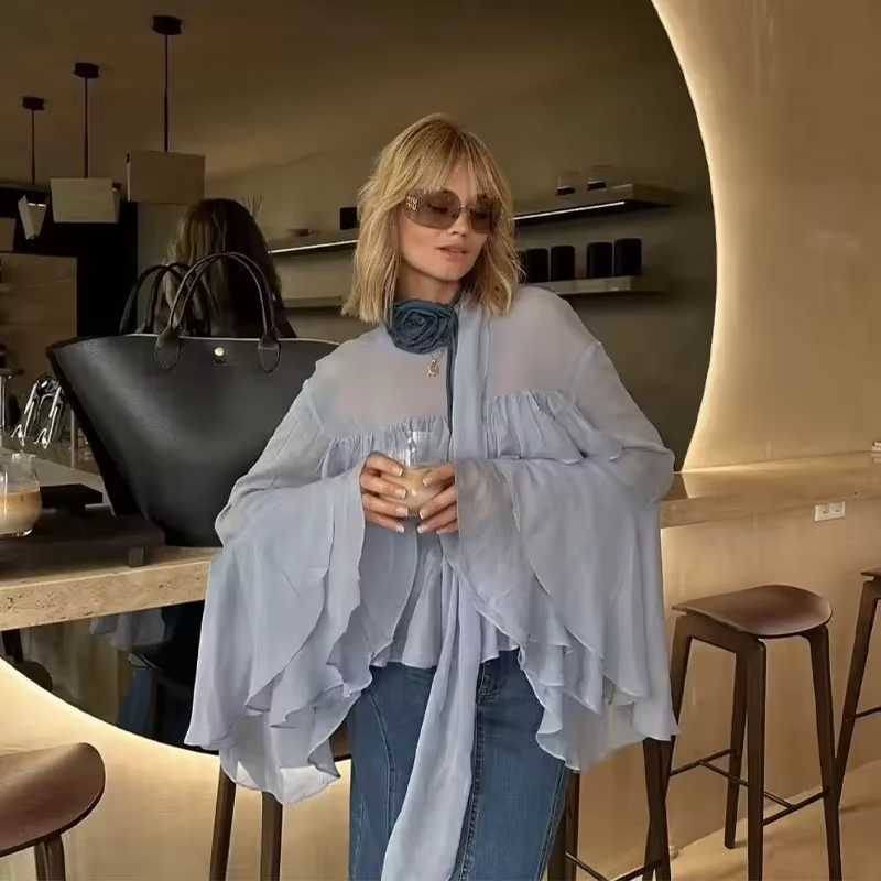 Elegant Chiffon Ruffle Shirts Oversize Long Flare Sleeve O-neck Loose T-shirt Mssza