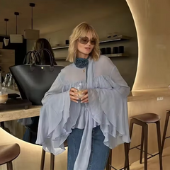 Elegant Chiffon Ruffle Shirts Oversize Long Flare Sleeve O-neck Loose T-shirt Mssza