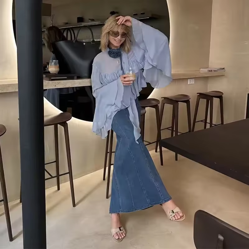 Elegant Chiffon Ruffle Shirts Oversize Long Flare Sleeve O-neck Loose T-shirt Mssza