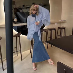 Elegant Chiffon Ruffle Shirts Oversize Long Flare Sleeve O-neck Loose T-shirt Mssza