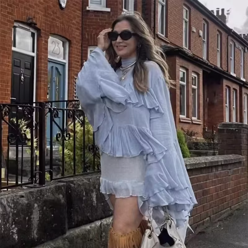 Elegant Chiffon Ruffle Shirts Oversize Long Flare Sleeve O-neck Loose T-shirt Mssza