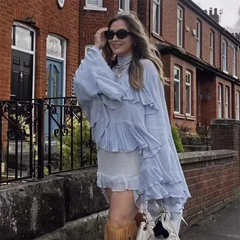 Elegant Chiffon Ruffle Shirts Oversize Long Flare Sleeve O-neck Loose T-shirt Mssza