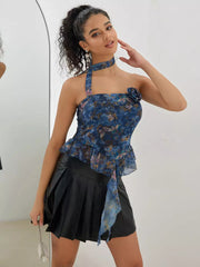 Elegant Choker Ruffle Tube Floral Print Sleeveless Top Mssza