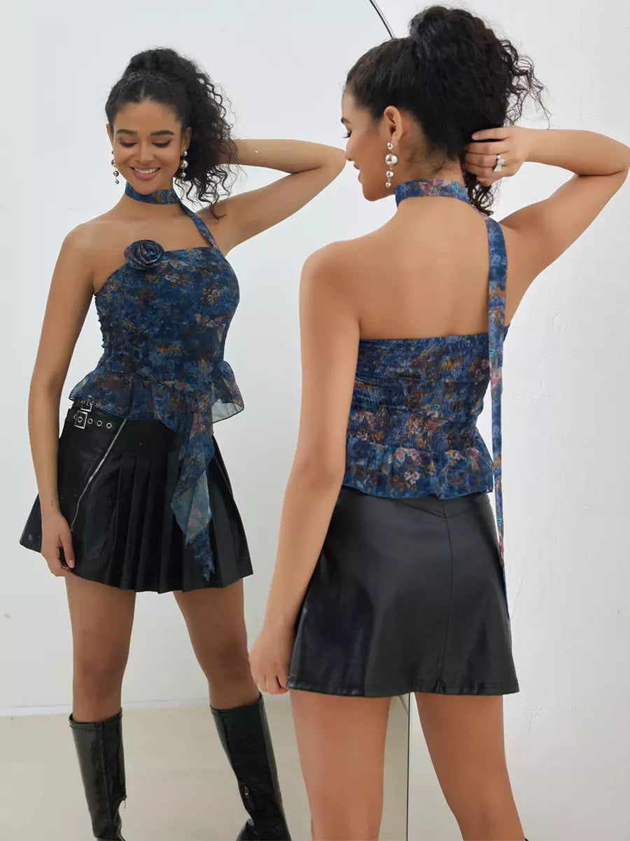 Elegant Choker Ruffle Tube Floral Print Sleeveless Top Mssza