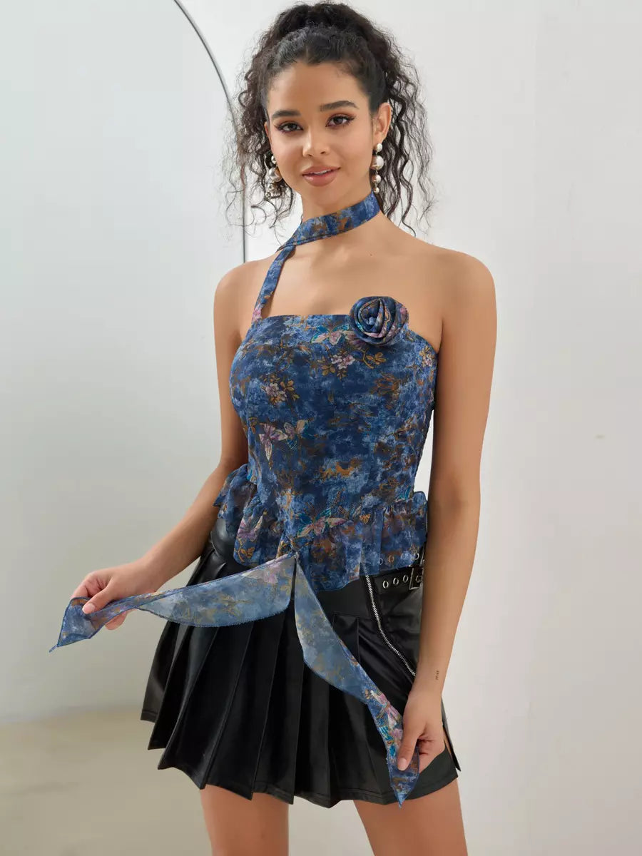 Elegant Choker Ruffle Tube Floral Print Sleeveless Top Mssza