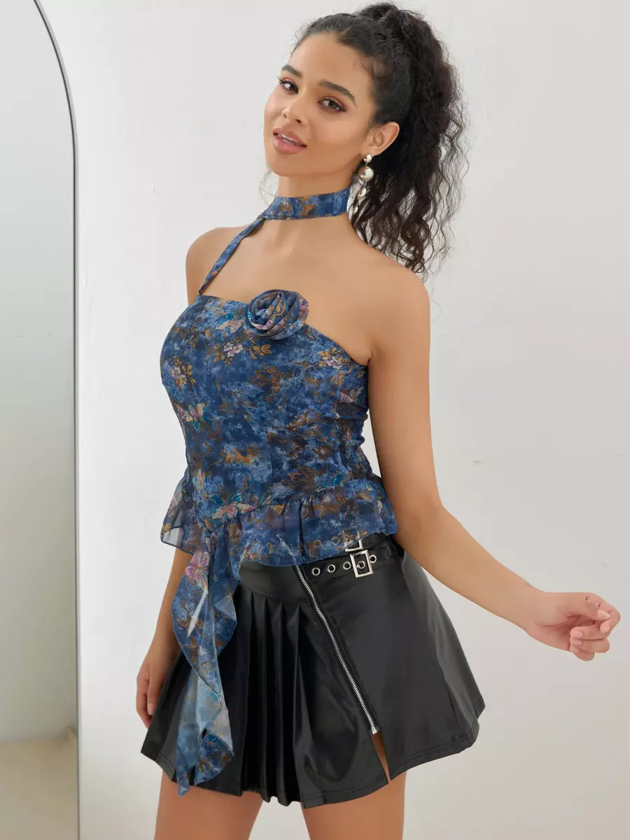 Elegant Choker Ruffle Tube Floral Print Sleeveless Top Mssza