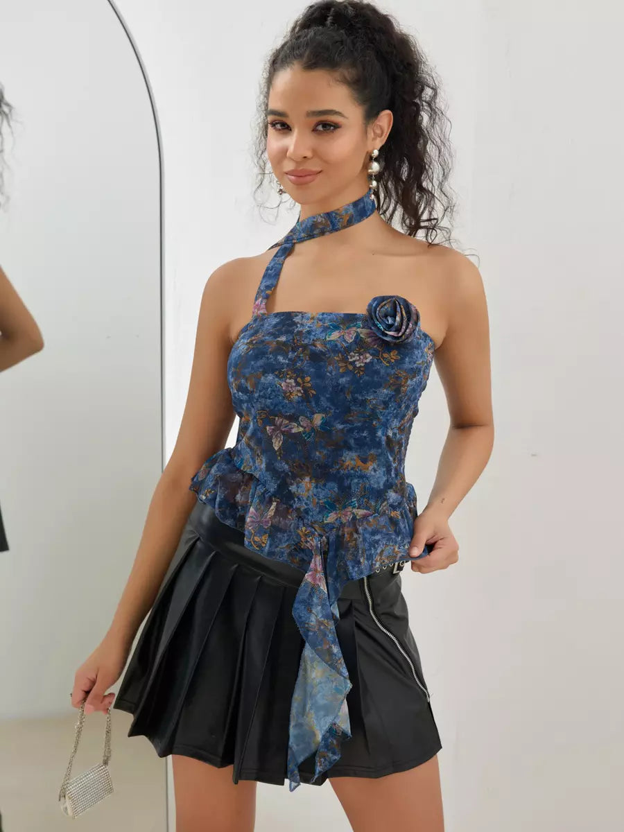 Elegant Choker Ruffle Tube Floral Print Sleeveless Top Mssza