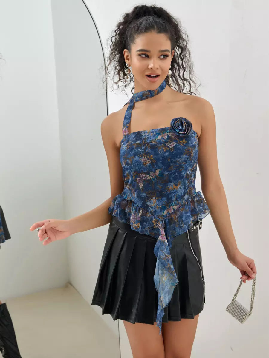 Elegant Choker Ruffle Tube Floral Print Sleeveless Top Mssza