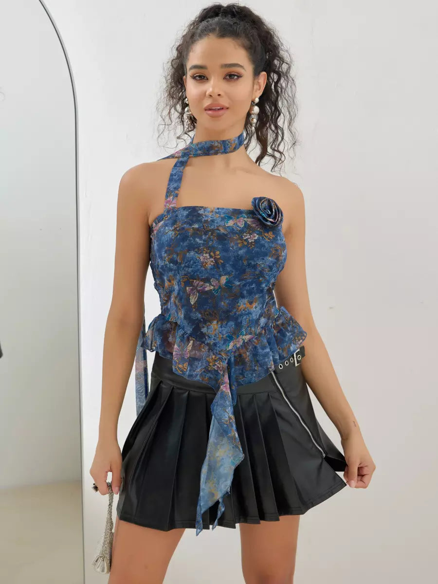 Elegant Choker Ruffle Tube Floral Print Sleeveless Top Mssza
