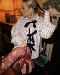 Elegant Classic Loose Stripe Lace-Up Casual Lapel Long Sleeve Shirts Top Mssza
