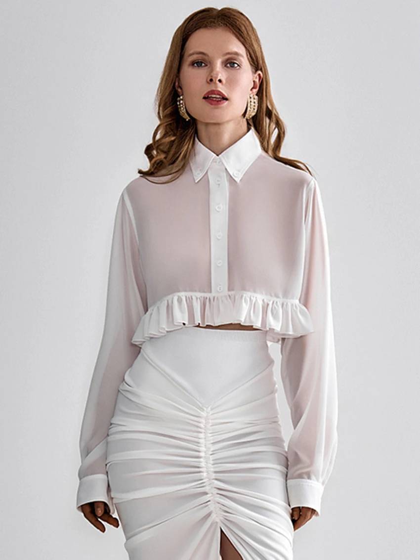 Elegant Classic Ruffle Lapel Turn Down Collar Long Sleeve Shirt Tops Mssza