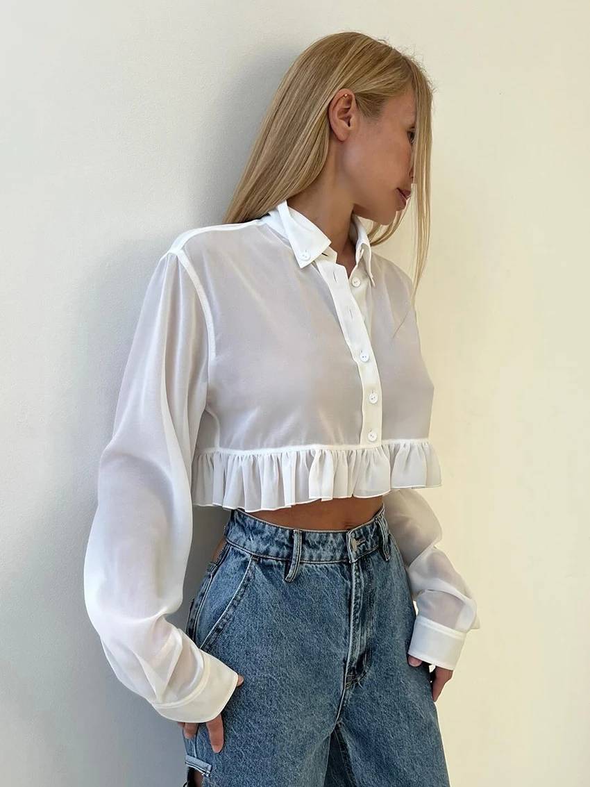 Elegant Classic Ruffle Lapel Turn Down Collar Long Sleeve Shirt Tops Mssza