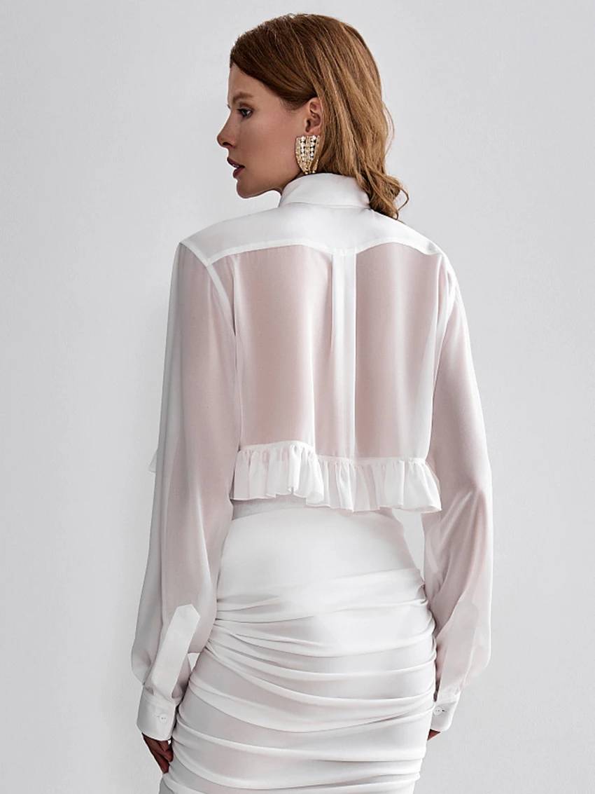 Elegant Classic Ruffle Lapel Turn Down Collar Long Sleeve Shirt Tops Mssza