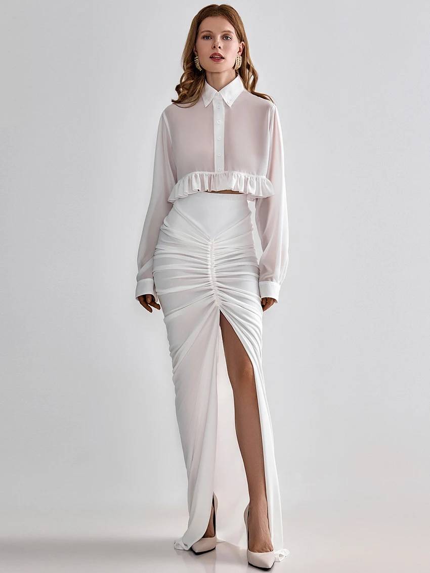 Elegant Classic Ruffle Lapel Turn Down Collar Long Sleeve Shirt Tops Mssza