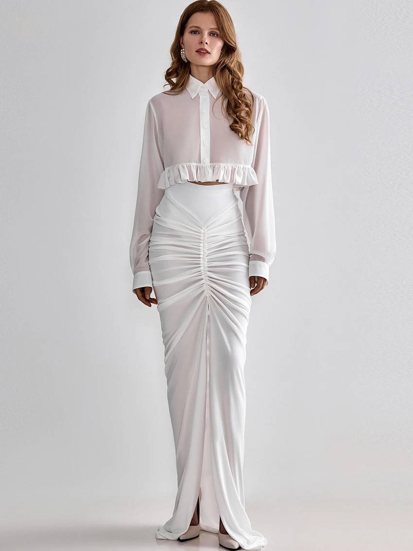 Elegant Classic Ruffle Lapel Turn Down Collar Long Sleeve Shirt Tops Mssza