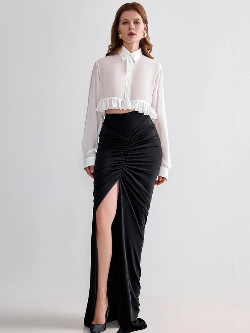 Elegant Classic Ruffle Lapel Turn Down Collar Long Sleeve Shirt Tops Mssza