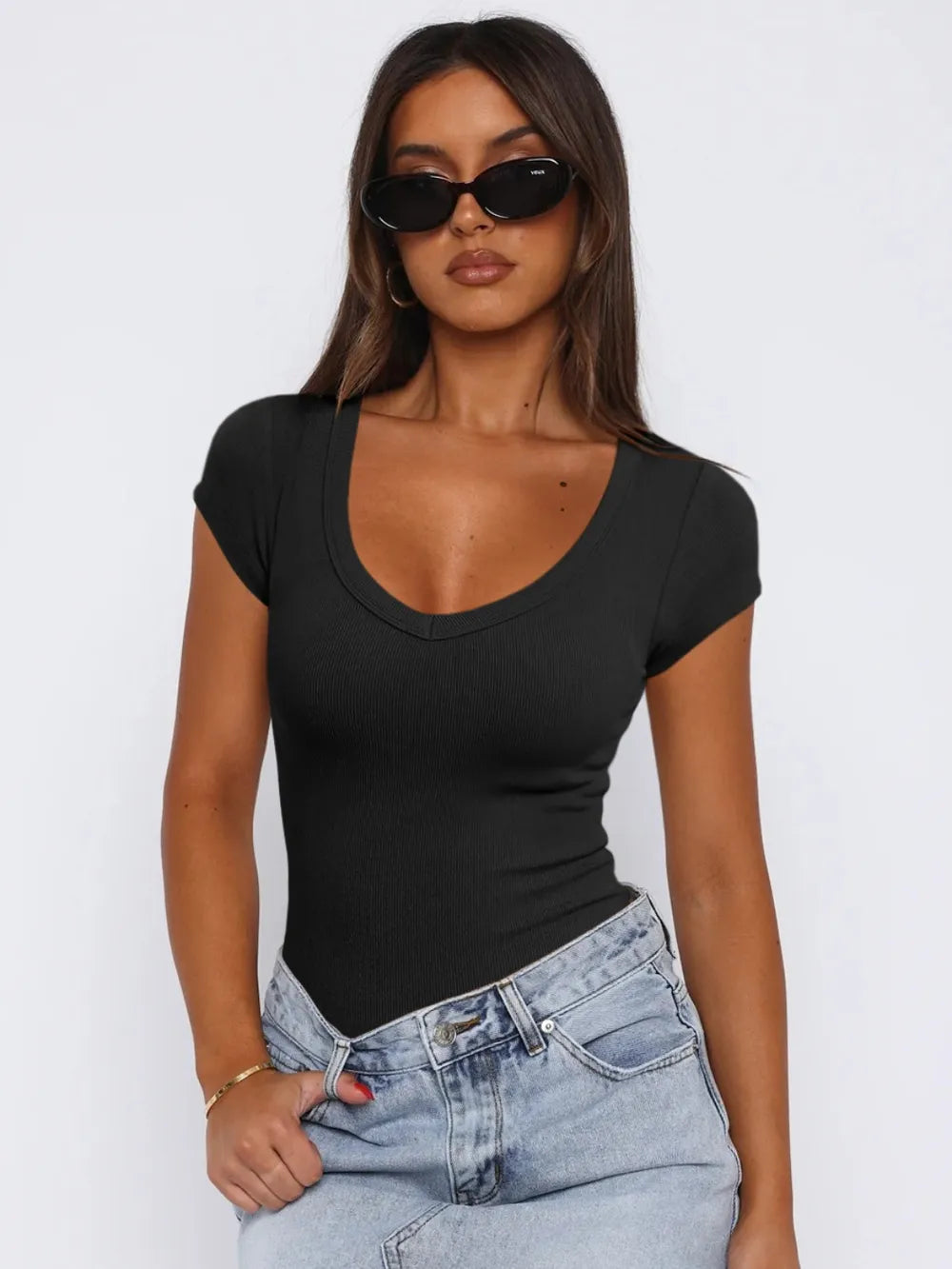 Elegant Club And Party Top Scoop Neck Cap Sleeve T-Shirt Mssza