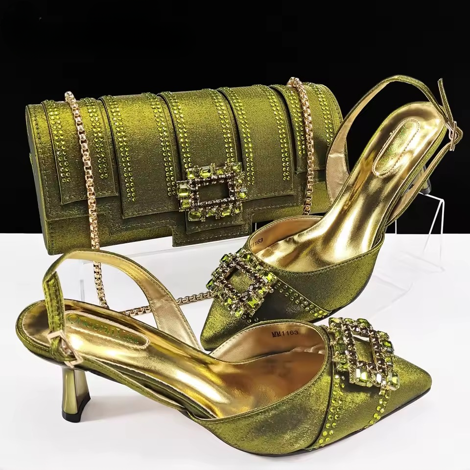 Elegant Color Block Design Shoes And Full Rhinestone Party Bag Mssza