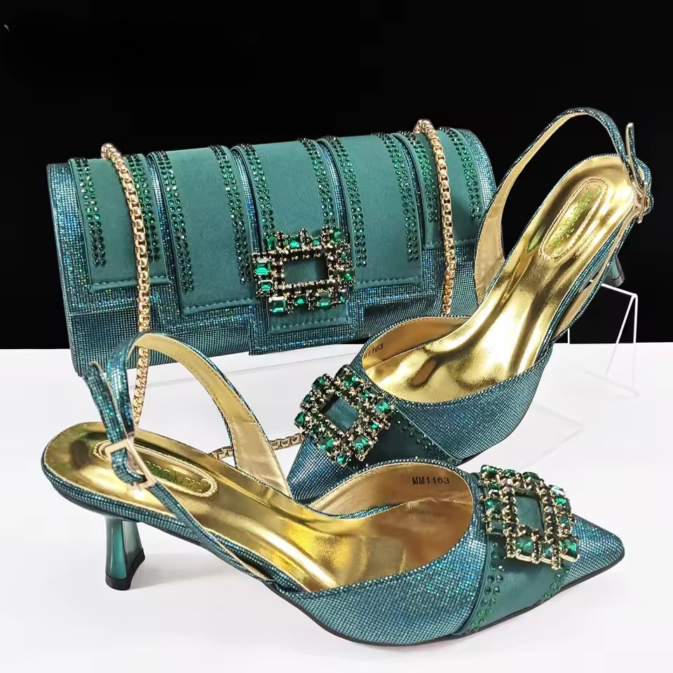 Elegant Color Block Design Shoes And Full Rhinestone Party Bag Mssza