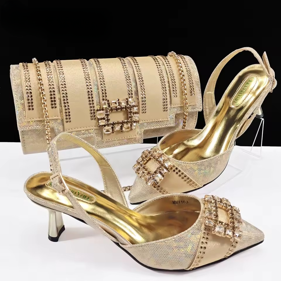 Elegant Color Block Design Shoes And Full Rhinestone Party Bag Mssza