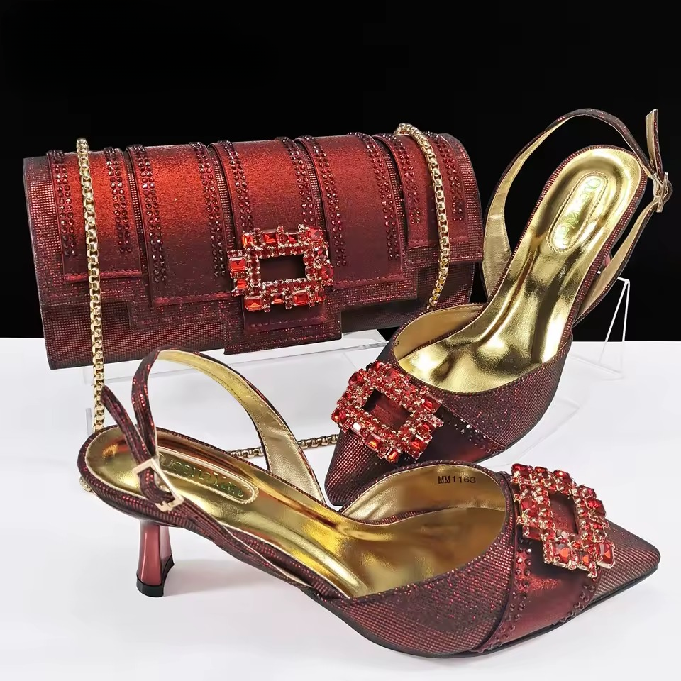 Elegant Color Block Design Shoes And Full Rhinestone Party Bag Mssza