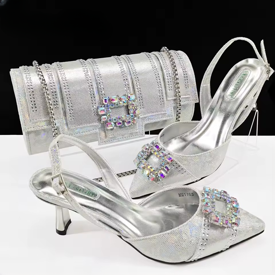 Elegant Color Block Design Shoes And Full Rhinestone Party Bag Mssza