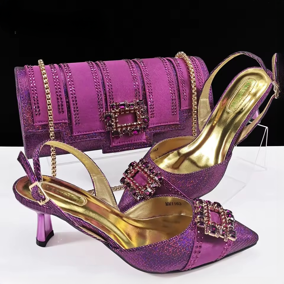 Elegant Color Block Design Shoes And Full Rhinestone Party Bag Mssza