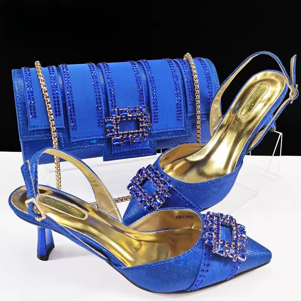 Elegant Color Block Design Shoes And Full Rhinestone Party Bag Mssza