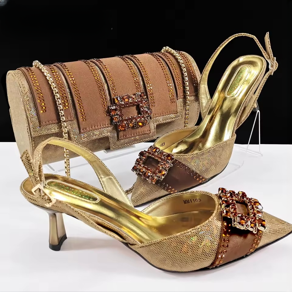 Elegant Color Block Design Shoes And Full Rhinestone Party Bag Mssza