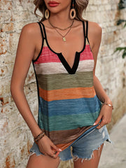 Elegant Color Block Striped Casual Indie Folk V Neck Camis Vacation Sleeveless Tank Tops Mssza