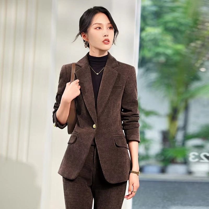 Elegant Corduroy Single Button Formal Business Work Wear 2 Piece Pant Suit Mssza
