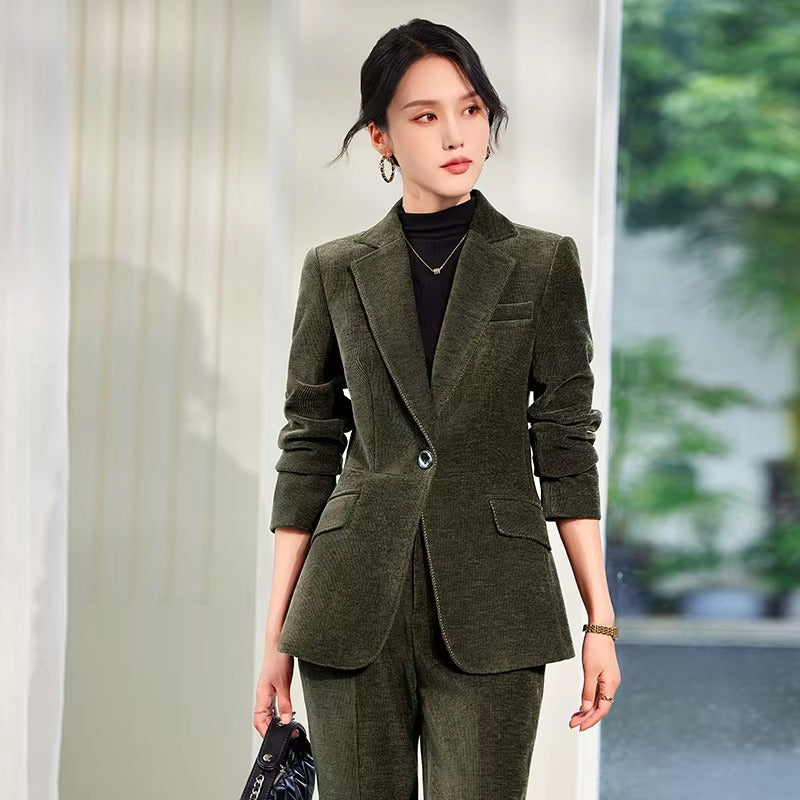 Elegant Corduroy Single Button Formal Business Work Wear 2 Piece Pant Suit Mssza