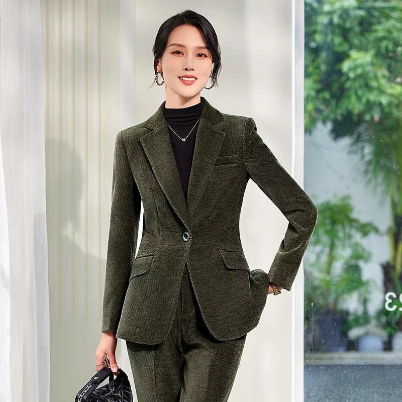 Elegant Corduroy Single Button Formal Business Work Wear 2 Piece Pant Suit Mssza