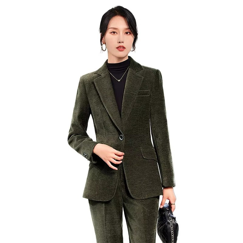 Elegant Corduroy Single Button Formal Business Work Wear 2 Piece Pant Suit Mssza