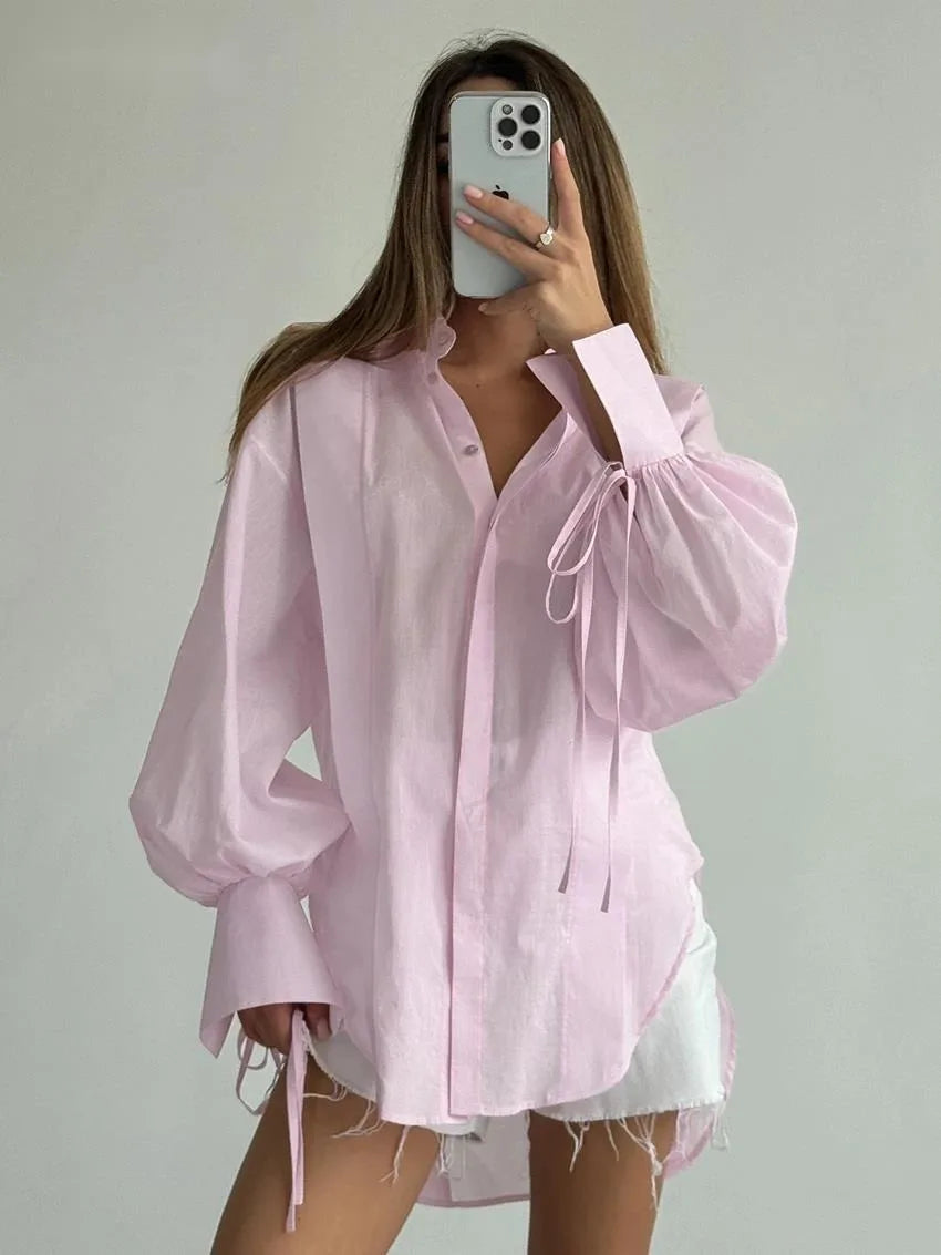 Elegant Cotton Casual Lapel Long Sleeve Classic Lace-Up Top Designer Shirt Mssza