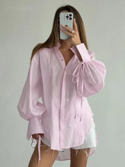 Elegant Cotton Casual Lapel Long Sleeve Classic Lace-Up Top Designer Shirt Mssza