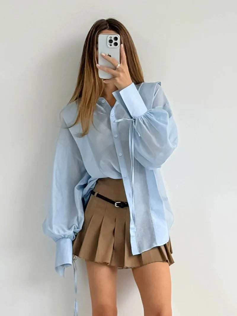 Elegant Cotton Casual Lapel Long Sleeve Classic Lace-Up Top Designer Shirt Mssza