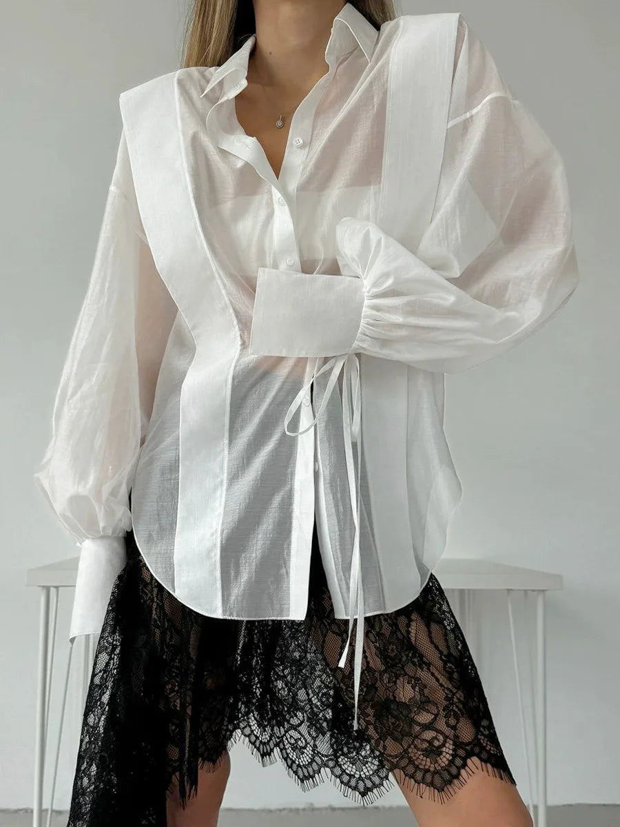 Elegant Cotton Casual Lapel Long Sleeve Classic Lace-Up Top Designer Shirt Mssza