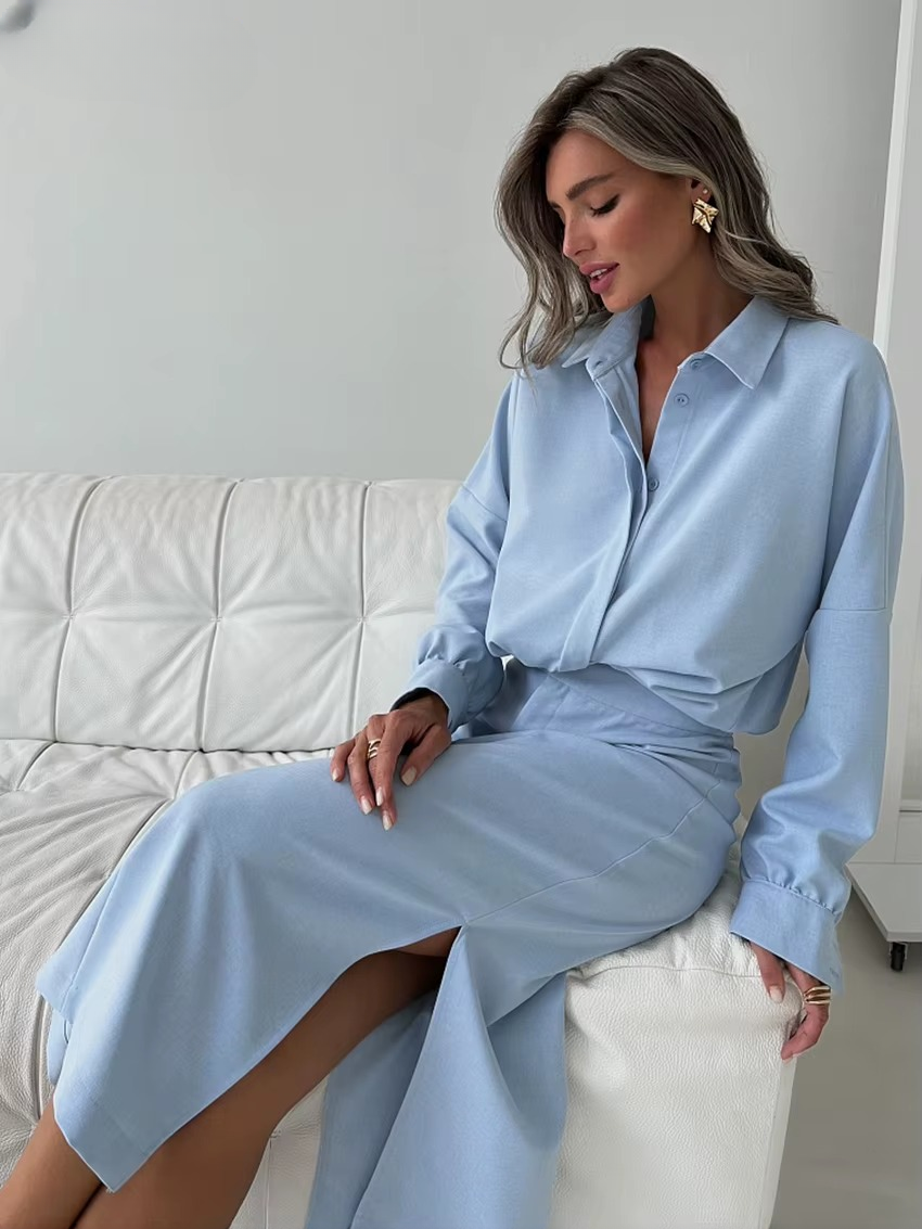 Elegant Cotton Long Sleeve Shirt With High Waist Slit Long Skirt 2 Piece Sets Mssza