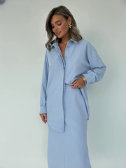 Elegant Cotton Long Sleeve Shirt With High Waist Slit Long Skirt 2 Piece Sets Mssza
