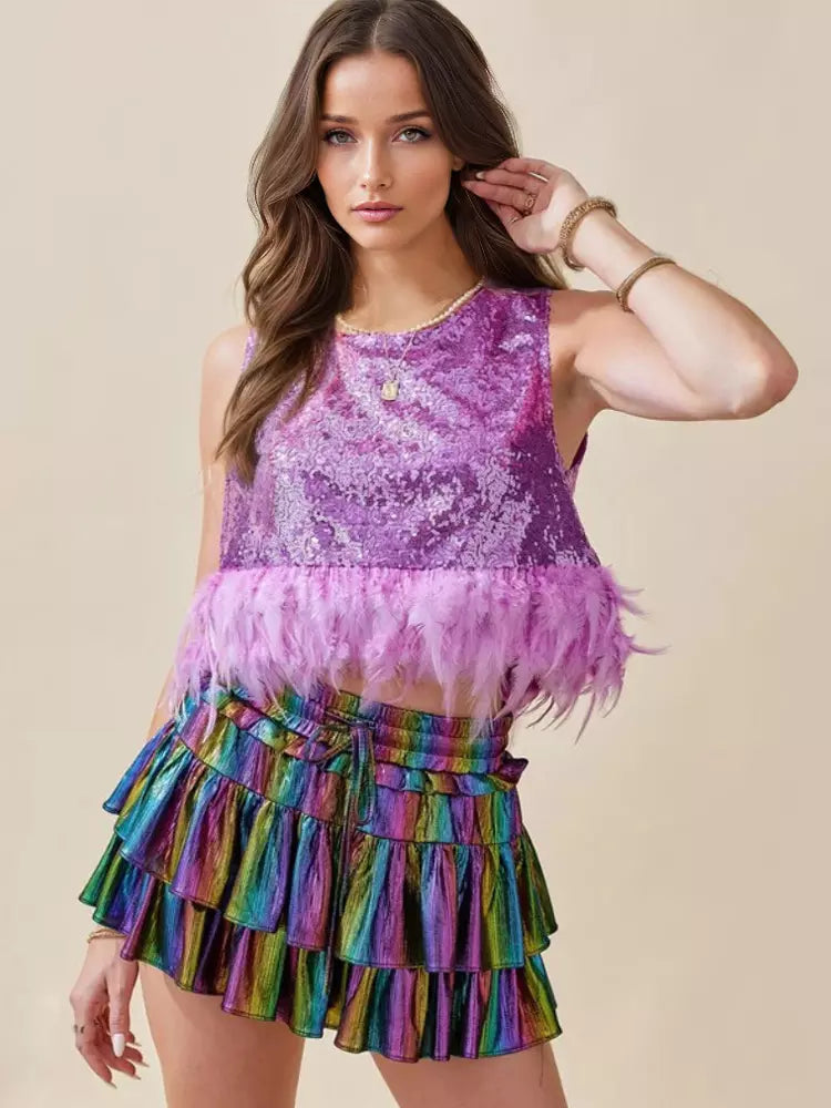 Elegant Crew Neck Feather Hem Sleeveless Sequin Crop Tops Mssza