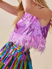 Elegant Crew Neck Feather Hem Sleeveless Sequin Crop Tops Mssza