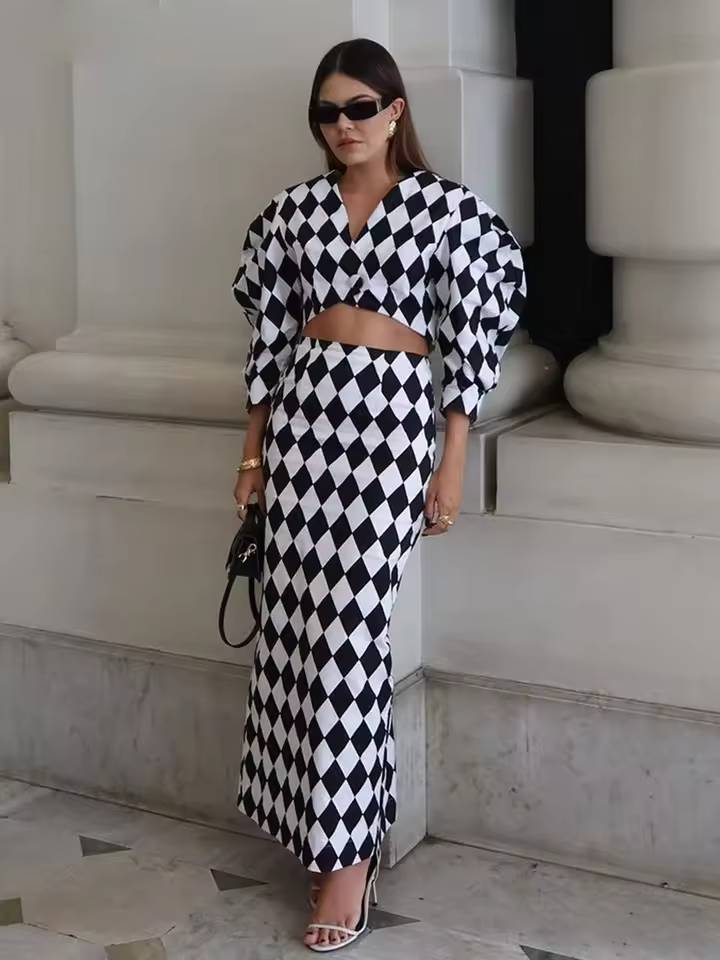 Elegant Crop Shirt With High Waist Long Skirt Loose Print Two Pieces Set Mssza